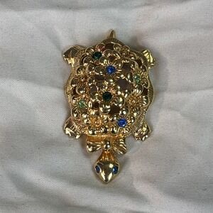 Vintage Avon Gold Tone Turtle Pendant | Rhinestone Floral Shell | Statement